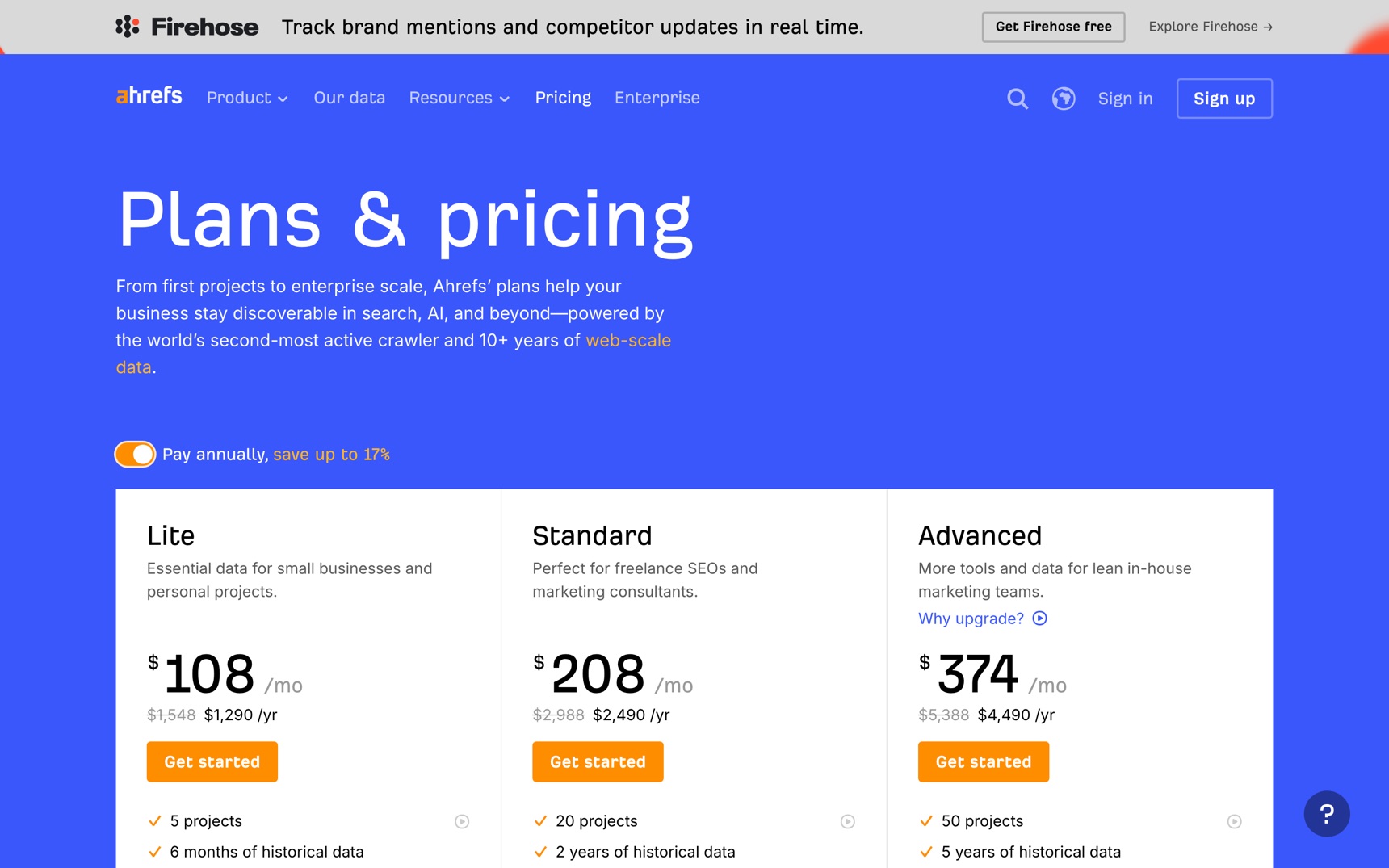 Cennik — Ahrefs, zrzut ekranu