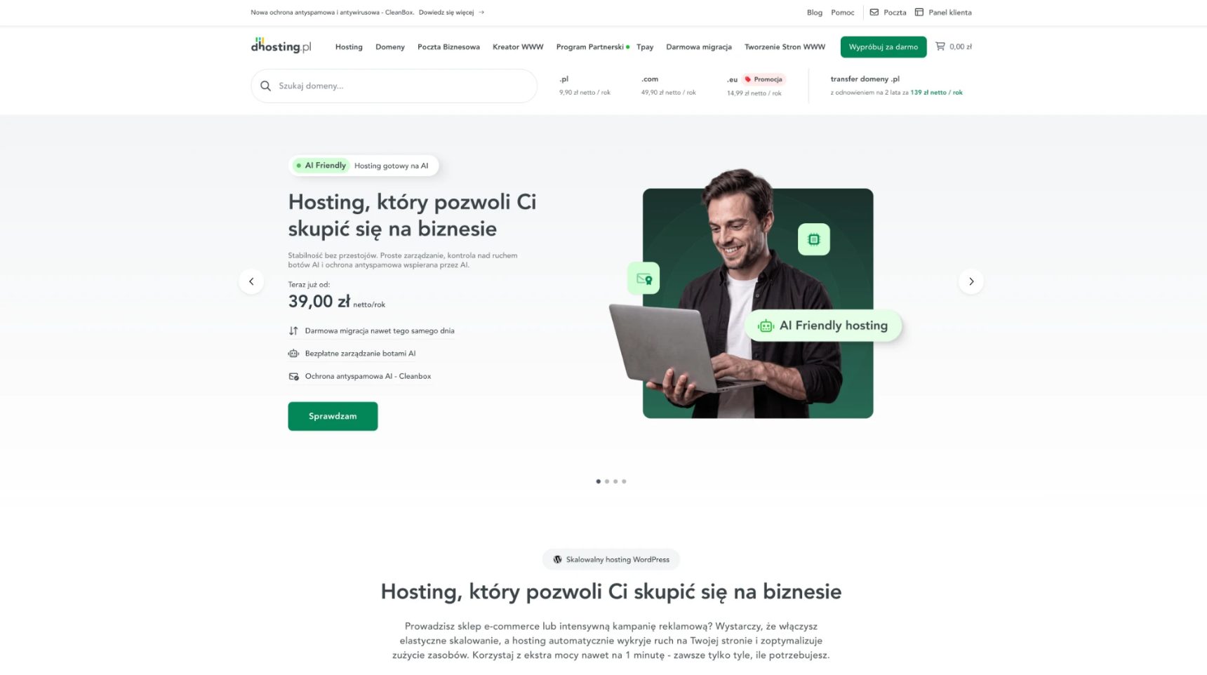 Strona główna — dhosting, zrzut ekranu
