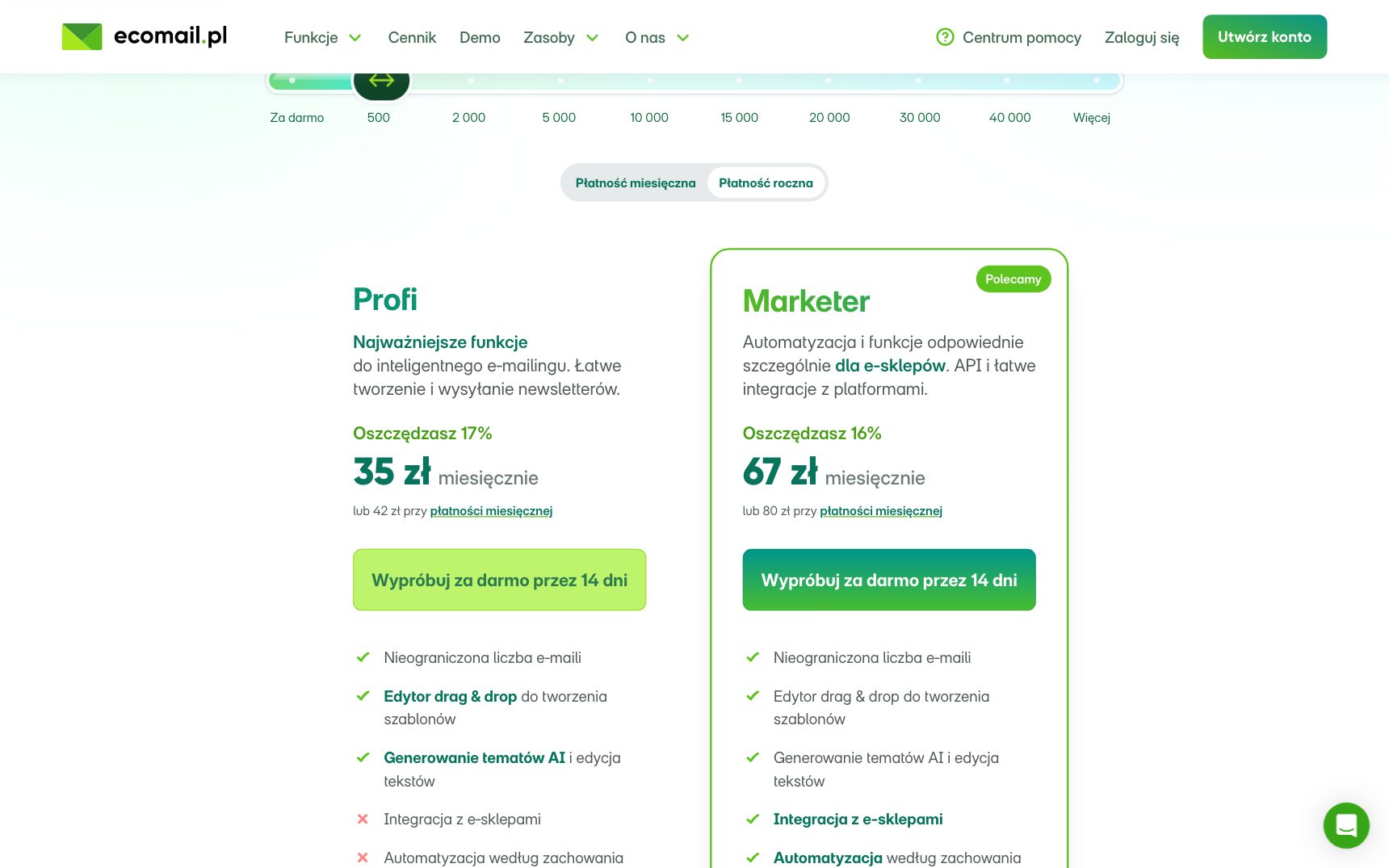 Cennik — Ecomail, zrzut ekranu