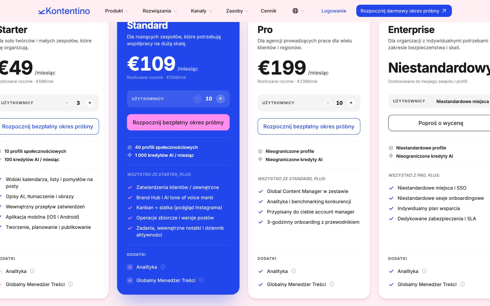 Cennik — Kontentino, zrzut ekranu
