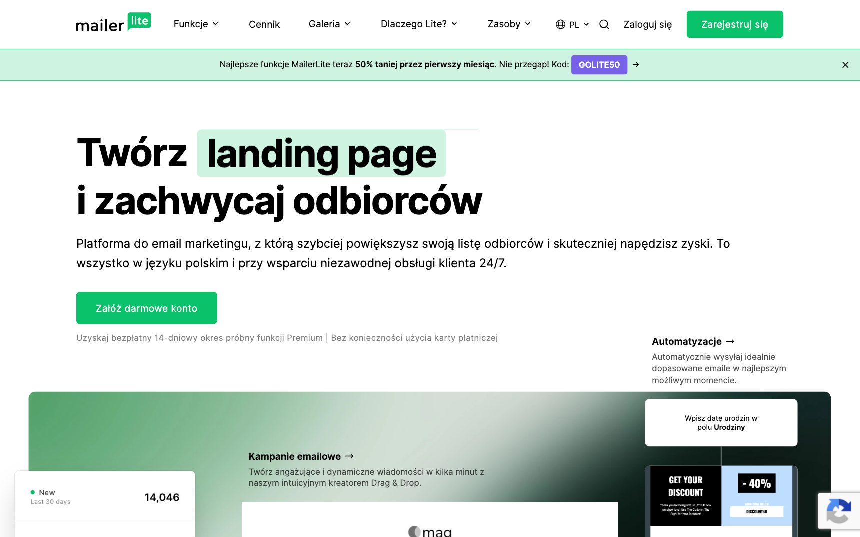 Strona główna — MailerLite, zrzut ekranu