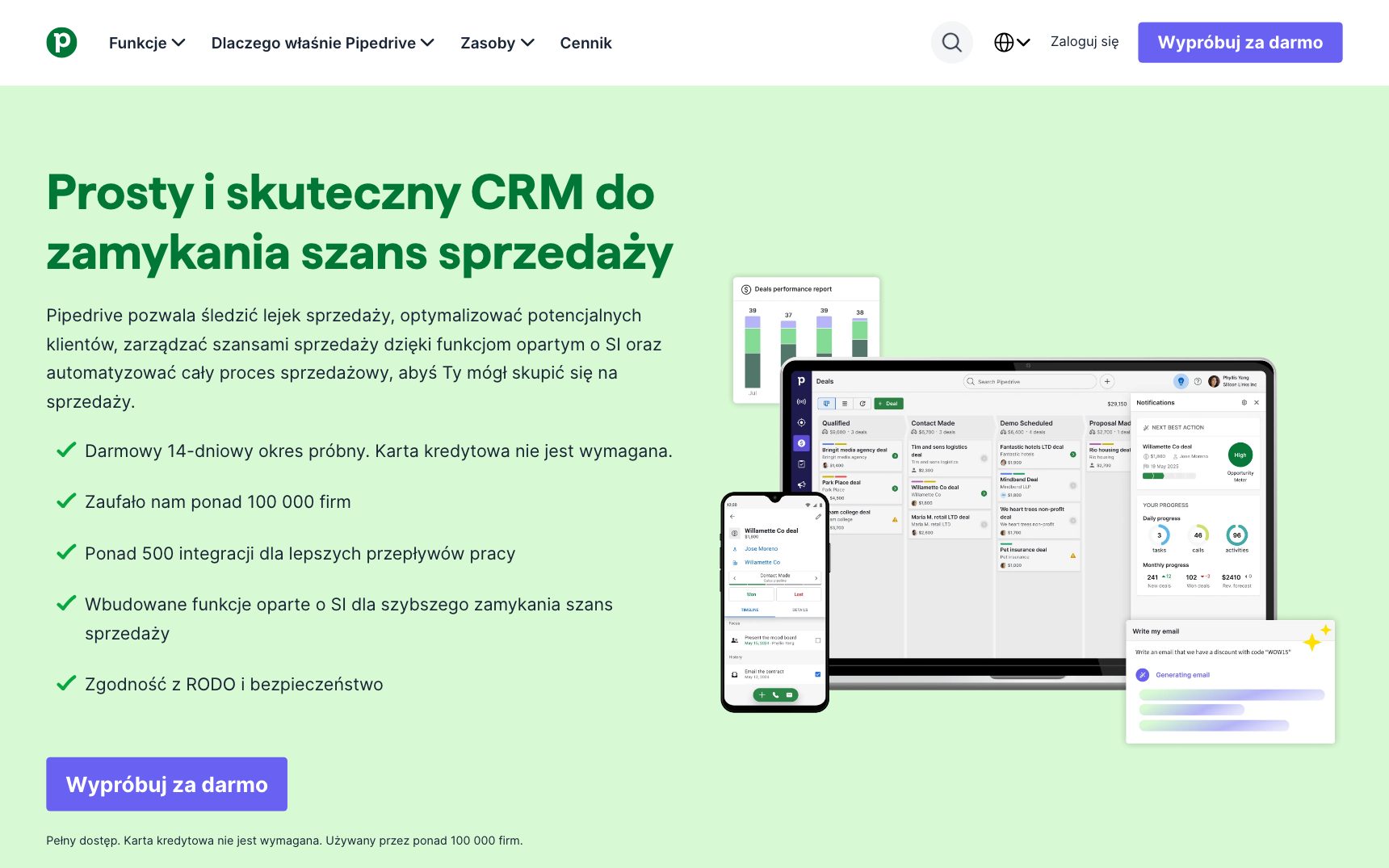 Strona główna — Pipedrive, zrzut ekranu