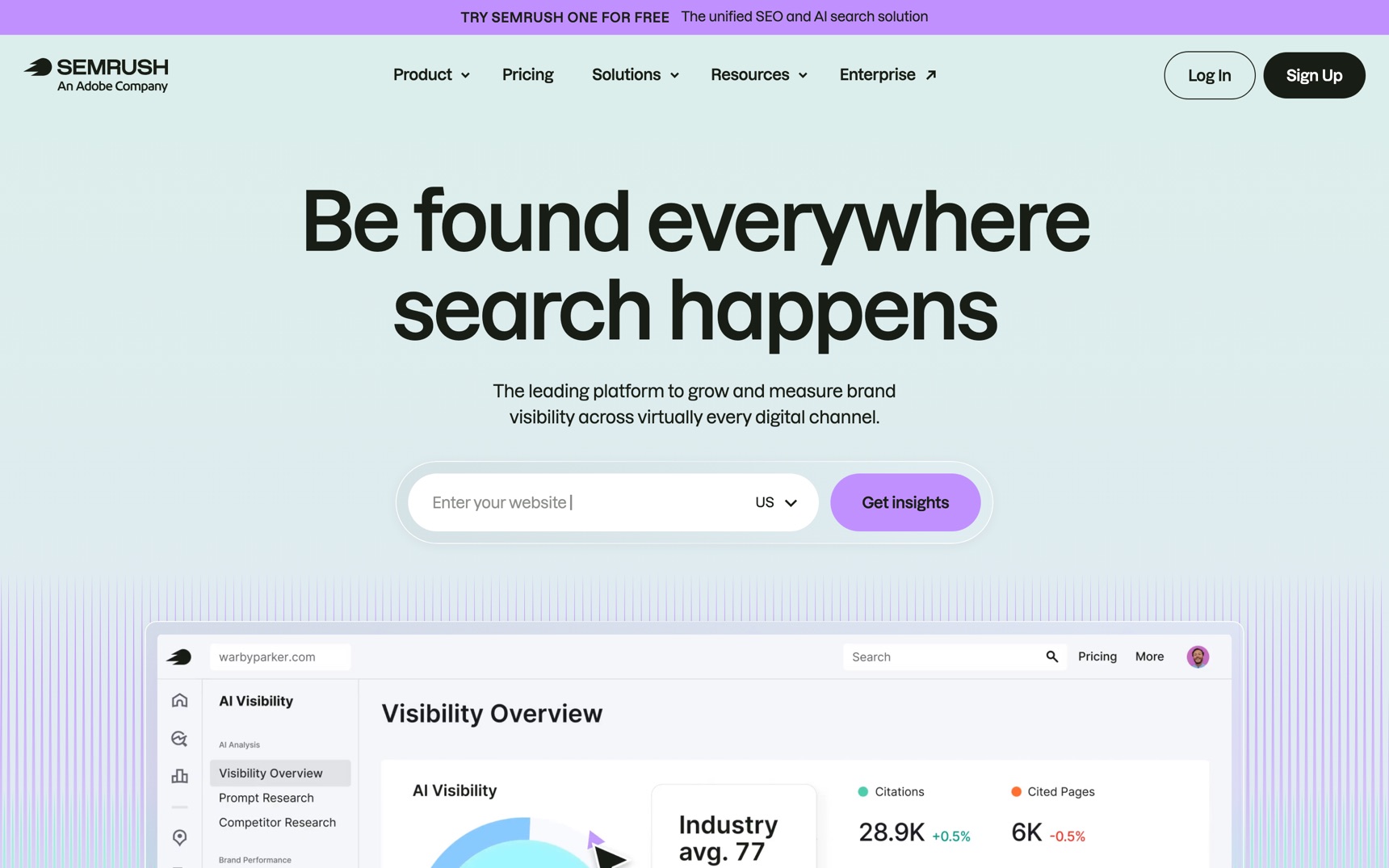 Strona główna — Semrush, zrzut ekranu