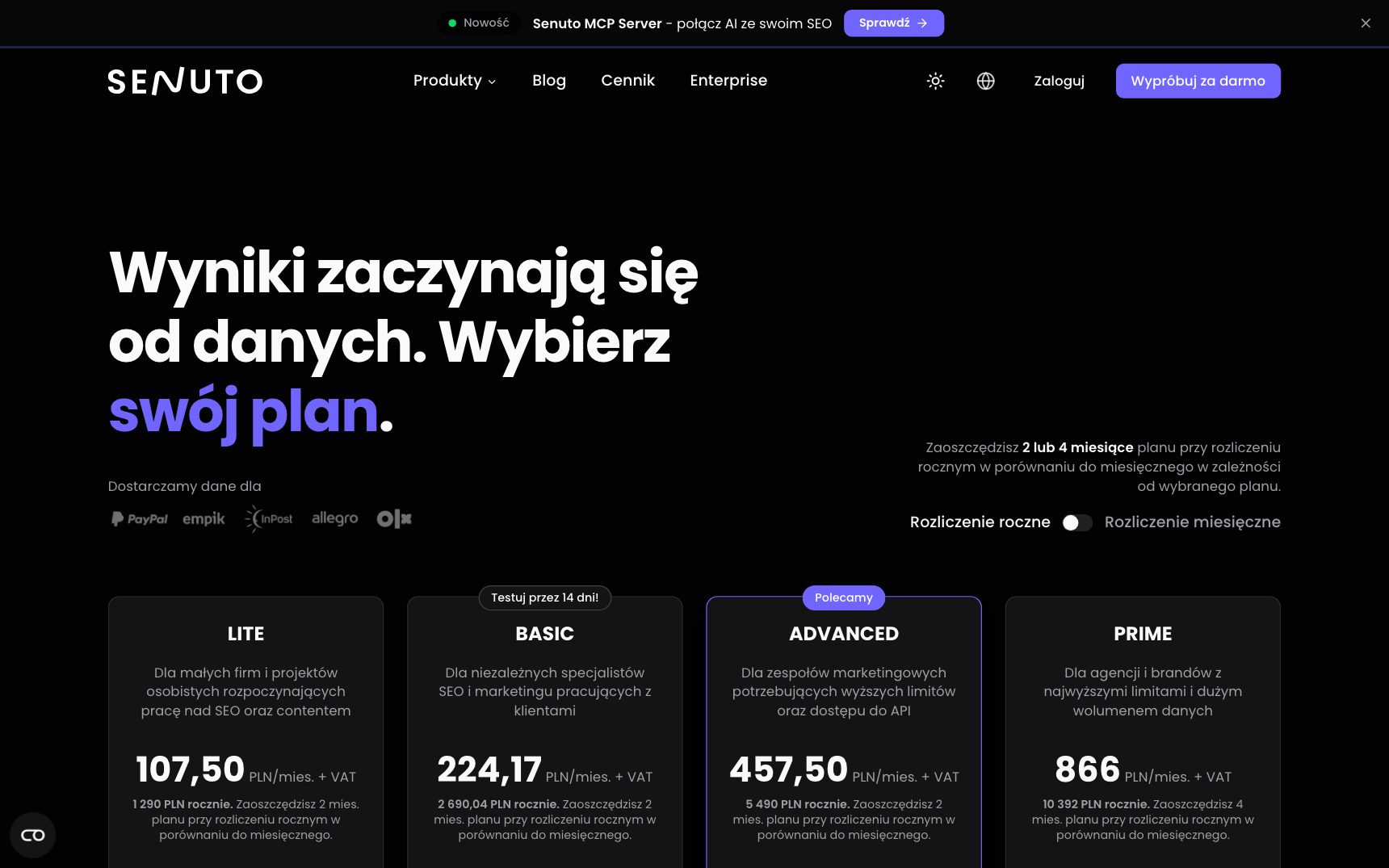 Cennik — Senuto, zrzut ekranu
