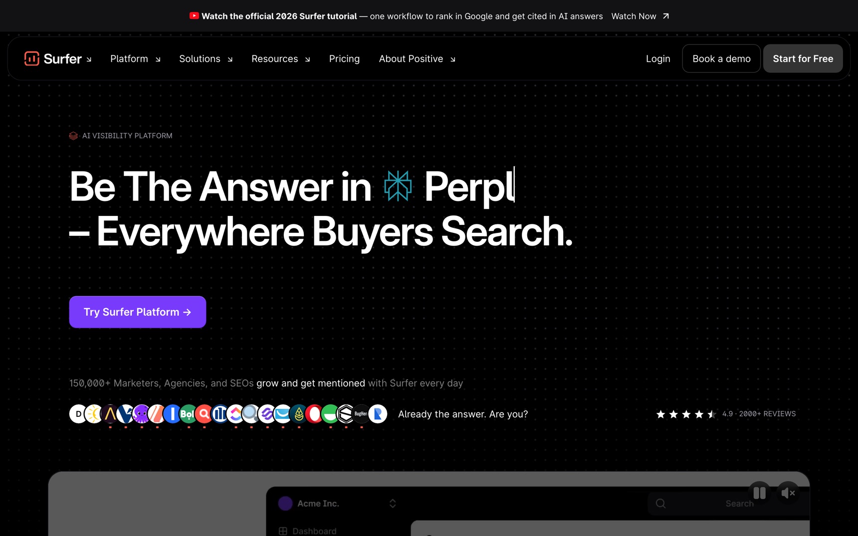 Surfer SEO — zrzut ekranu strony narzędzia