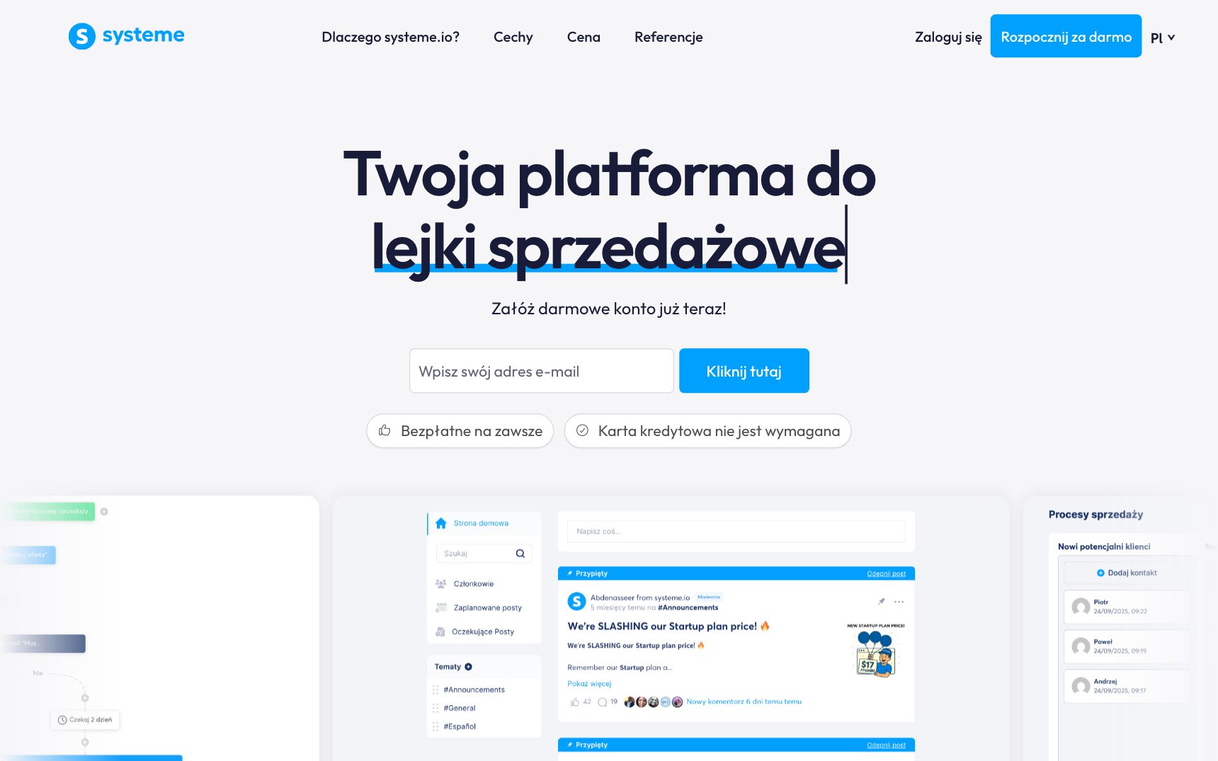 Strona główna — Systeme.io, zrzut ekranu