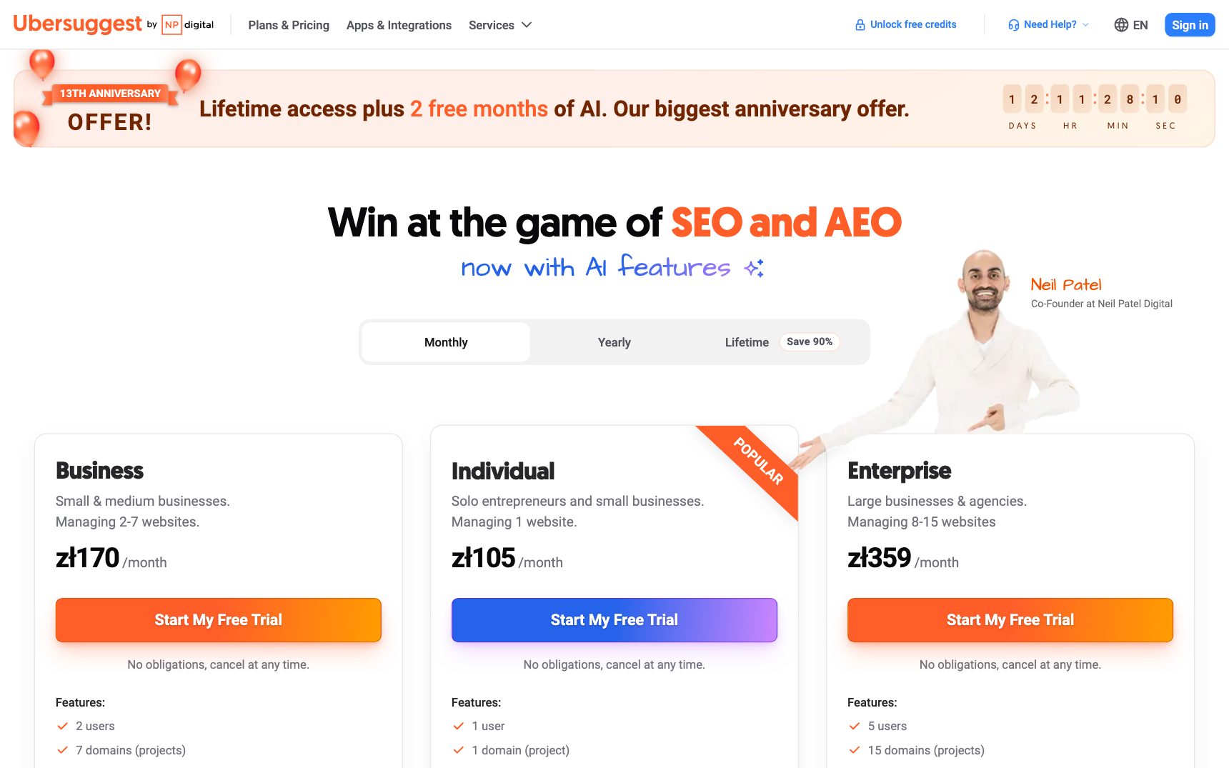 Cennik — Ubersuggest, zrzut ekranu