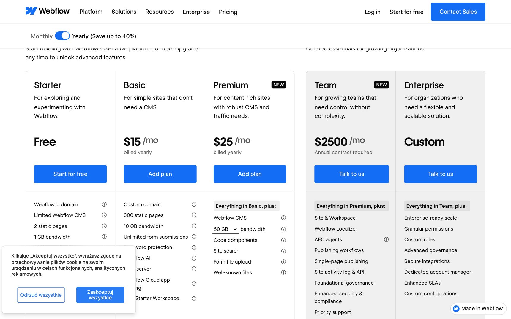 Cennik — Webflow, zrzut ekranu
