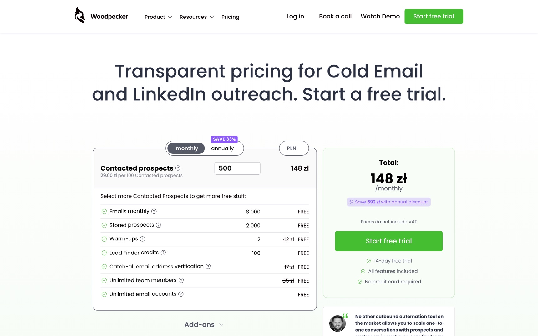 Cennik — Woodpecker.co, zrzut ekranu